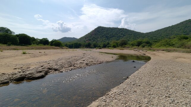 silt. Dry riverbed refilled with clear flowing water, sunlight glinting on surface. ESG reports, sustainability campaigns, designed for environmental awareness campaigns, used by PR specialists.