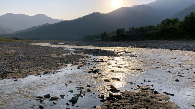silt. Dry riverbed refilled with clear flowing water, sunlight glinting on surface. ESG reports, sustainability campaigns, designed for environmental awareness campaigns, used by PR specialists.