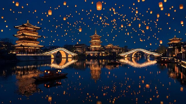 Traditional Chinese pagodas and floating lanterns.