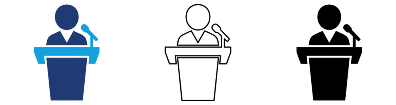 Multicolor Public Speaker Presentation Icon Set with Filled and Outline Styles for Leadership Communication Business Conference and Professional Training Isolated on Transparent Background