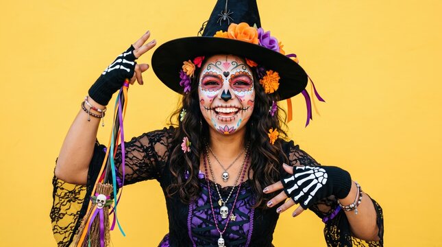 Festive woman in halloween costume posing with painted skull makeup and witch hat