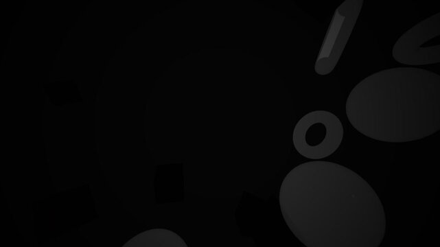 Abstract monochrome 3D geometric shapes floating in pitch black void, featuring dark spheres, rings, and glowing light reflections in minimalist futuristic graphic design background scene.