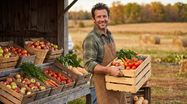 Smiling farmer holding fresh produce at a vibrant farmers market  
