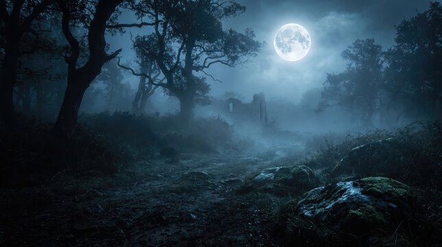 A hauntingly beautiful moonlit forest scene evokes a sense of mystery and the supernatural perfect for halloween night adventures