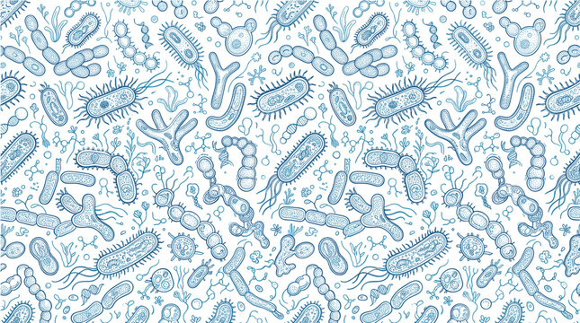 Seamless Microbiology Microscopic Organisms Pattern Background with Cartoon Bacteria Virus Cells Flagella and Germ Doodles for Educational Graphic Designs