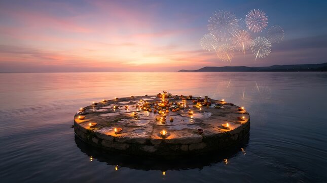 Diwali celebration with traditional clay lamps on a stone platform in the middle of a calm sea at sunset with fireworks in the sky