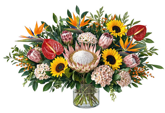Beautiful colorful bouquet of fresh flowers in clear glass vase transparent background