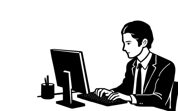 Business man working on computer vector illustration.