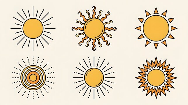Collection of hand-drawn sun illustrations with different rays and styles, creating a cheerful summer and celestial design.