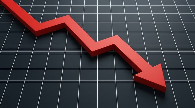 Red zig-zag down arrow on dark grid background showing financial market crash and loss with economic decline business downturn falling graph