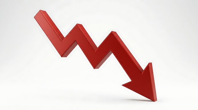 Red down arrow pointing downward on white background symbolizing business failure and loss with financial crash market decline economic loss