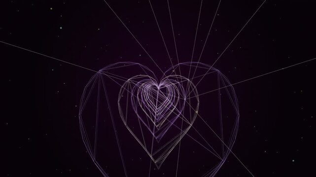 Glowing neon geometric plexus wireframe heart pulsing in dark space abstract background. Futuristic digital technology Valentine romance symbol animation with camera zoom and neon particles.