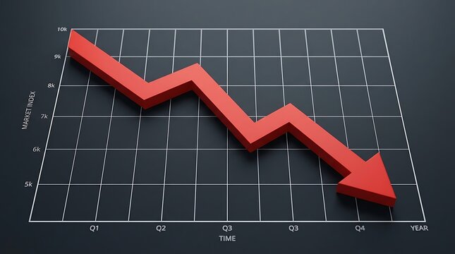 Red down arrow pointing downward on financial grid background representing market crash with financial loss economic decline business downturn