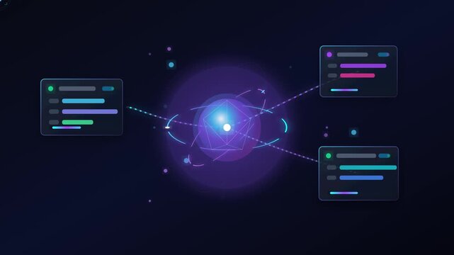 Futuristic digital interface with glowing network nodes and abstract data dashboard elements.