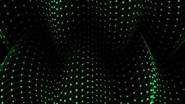 Green wireframe mesh undulating dynamically in 3D grid waves with glowing nodes in dark space.