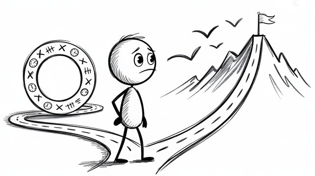 Hand drawn stick figure choosing between a circular path and a mountain goal