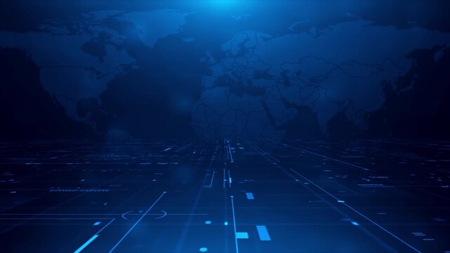 Global World Map and Digital Grid Floor Technology Background