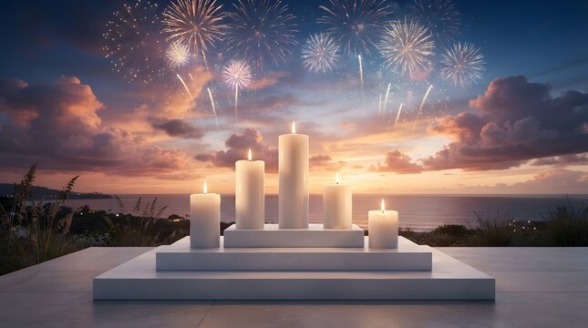Five lit candles on a white tiered platform against a sunset ocean background with fireworks