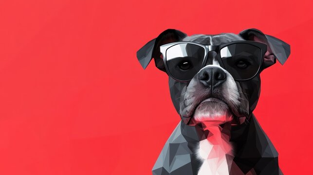 Cool dog wearing sunglasses on red background
