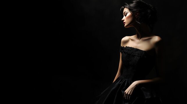 Elegant woman in black dress studio portrait