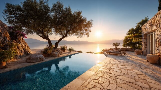 Luxury Mediterranean villa infinity pool terrace at golden sunset overlooking calm sea