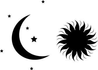 Black silhouette of sun, crescent moon and stars celestial vector illustration © Chathurika