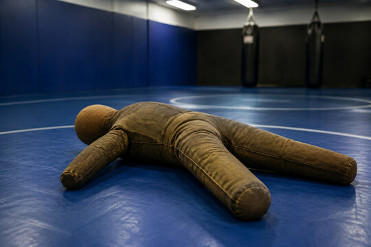 Grappling dummy on wrestling mat in training gym, martial arts and fitness concept