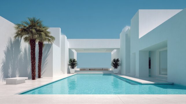 Minimalist luxury villa courtyard with pool and palm trees on sunny day