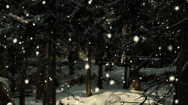 Snowflakes fall softly in a forest setting. The ground is covered in snow, and tall trees surround the area. It is winter, and the scene shows a quiet moment in nature.