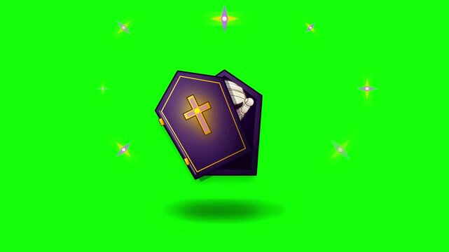 Animated Cartoon Halloween Coffin with Mummy and Golden Cross on Green Screen Chroma Key Background