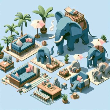 Isometric with elephants and egypt style decoration objects illustration