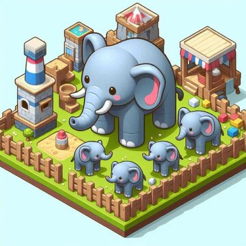 Elephant in the zoo isometric digital illustration concept cartoon