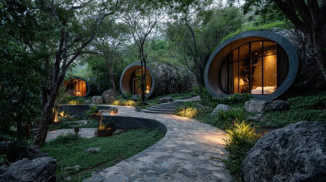 Luxury eco resort with circular concrete cave villas nestled in lush forest at dusk