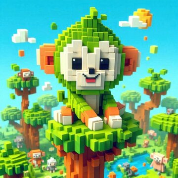 Green monkey on forest voxel art 3d illustration concept style