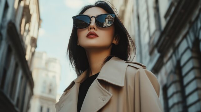 Stylish woman in sunglasses walking on the city street