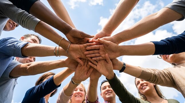 Group of diverse happy people stacking their hands together in a circle as a sign of unity and friendship outside