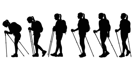 Naklejka premium Sequence of a woman hiking with trekking poles and a backpack shown as a black silhouette on... desi