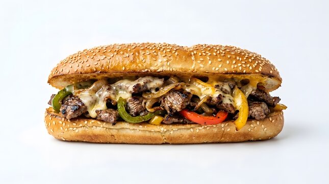 Fresh Philly cheesesteak sandwich with grilled beef steak and melted cheese on a toasted sesame seed bread roll bun