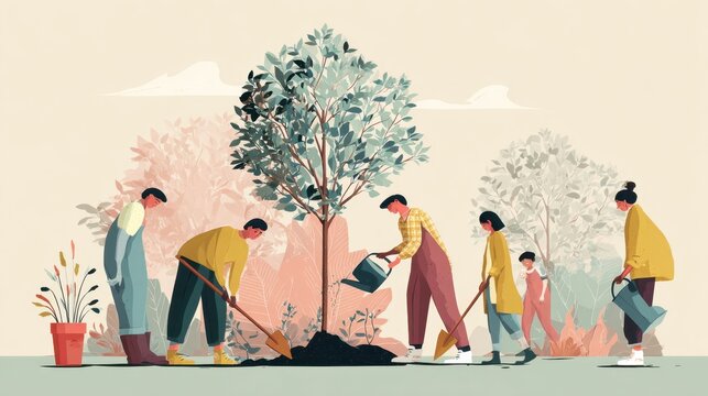 Community group planting a tree together in flat illustration style