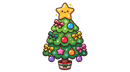 Fototapeta premium Colorful Christmas tree with happy star and ribbons.