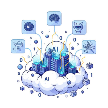 AI-powered cityscape with cloud computing and data flow icons