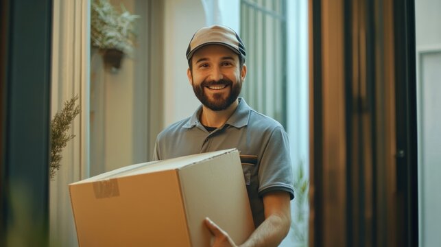 Delivery person delivering a package smiling at the camera