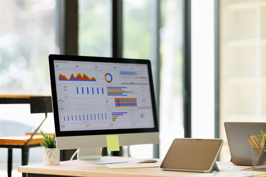 Computer monitor showing a comprehensive business dashboard with various charts and graphs, analyzing financial performance and market data on an office desk