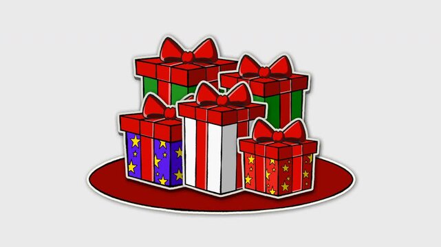 4K Animated Group of Various Colorful Christmas Gift Boxes with Red Bows on Carpet, Pile of Present Boxes for Xmas Birthday New Year Celebration, Vector 2D Cartoon Motion Graphic, Isolated on Alpha Ch