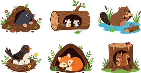 Fototapeta premium Cute forest animals in their homes vector illustration set with fox den bird nest beaver pond squirrel tree hollow icons