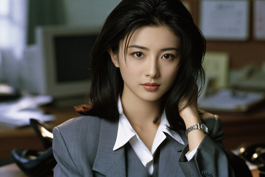 Female villain eastern beauty retro movie star office business suit confident young woman serious vintage Elegant eastern beauty retro office, young woman business suit with confident serious gaze