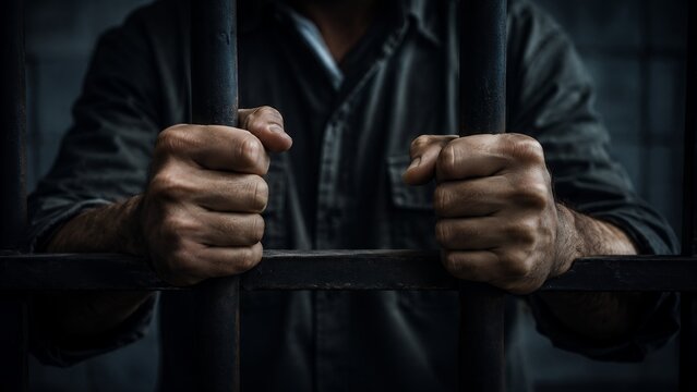 Person Behind Prison Bars Representing Imprisonment, Detention and Criminal Justice Concept