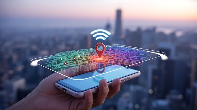 Hand holding a smartphone displaying a 3D futuristic holographic map with location pin marker and wifi icon over city background