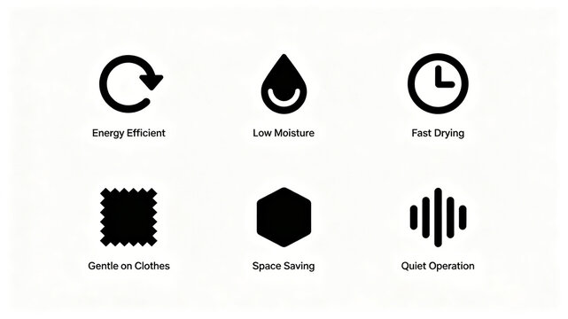 Drying machine function icon, energy-saving, low humidity, fast drying, clothing protection, space saving, low-noise operation, dryer details page, e-commerce main image design.
