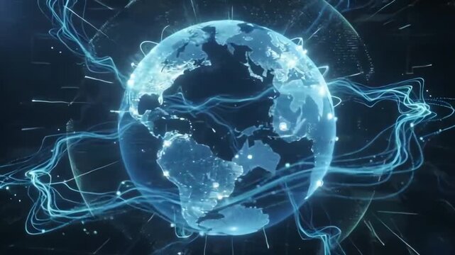 Futuristic Animation of Fast Moving Luminous Particle Streams Converging into Planet Earth Silhouette for Global Data Exchange and Artificial Intelligence Concept